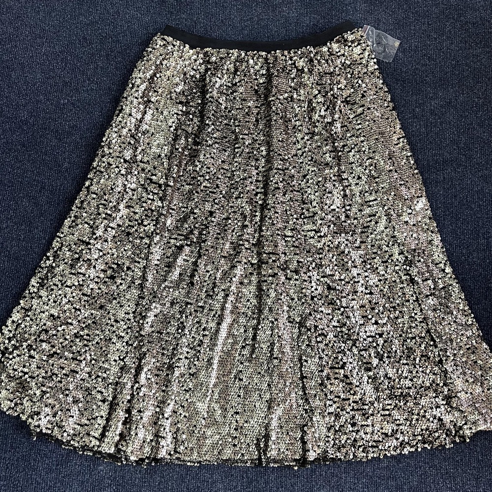 Maeve‎ Anthropologie Womens Medium Silver Sequin A-Line Midi Lined Party Skirt